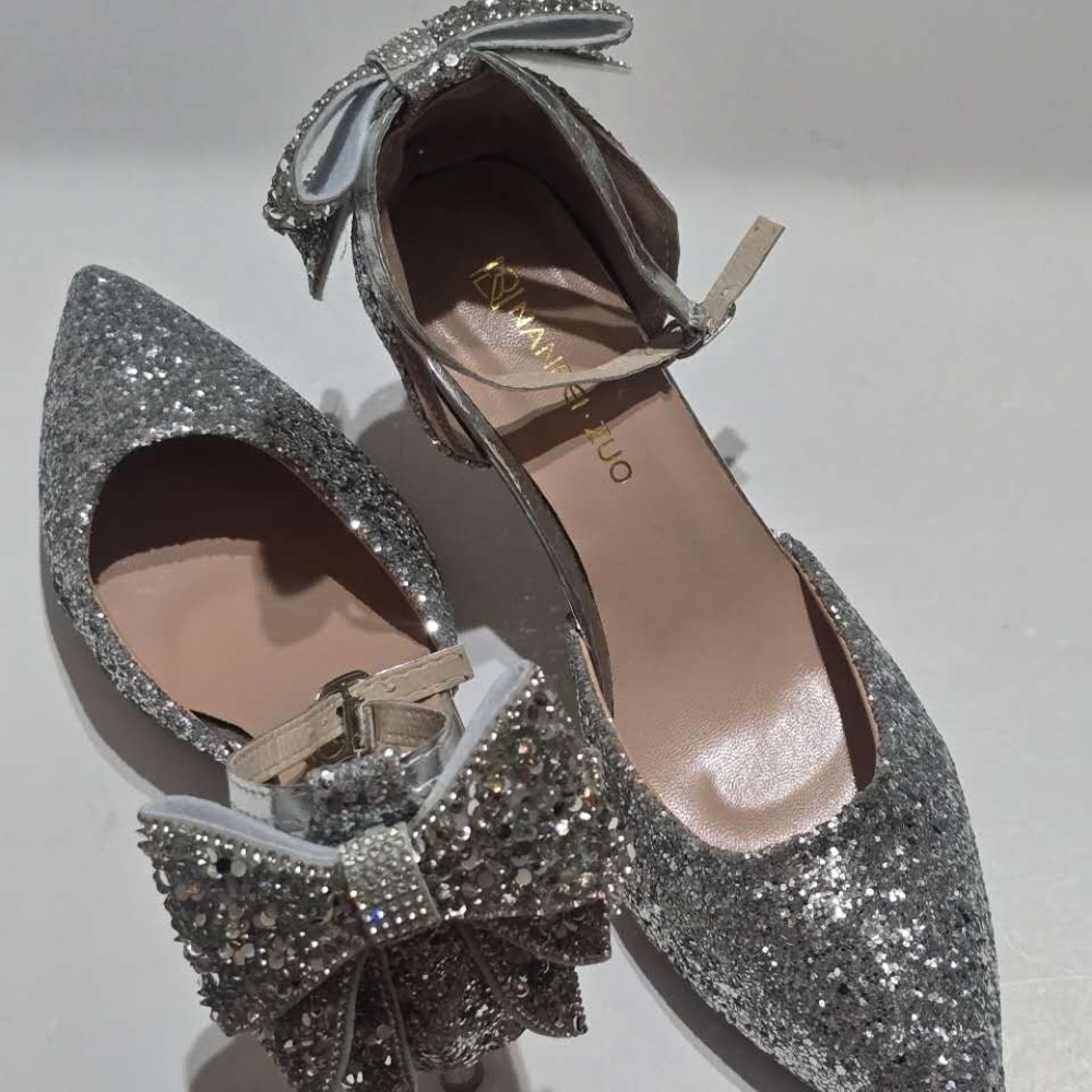 Luxury Silver Sequin Heels: Crystal Bow Ankle Straps.